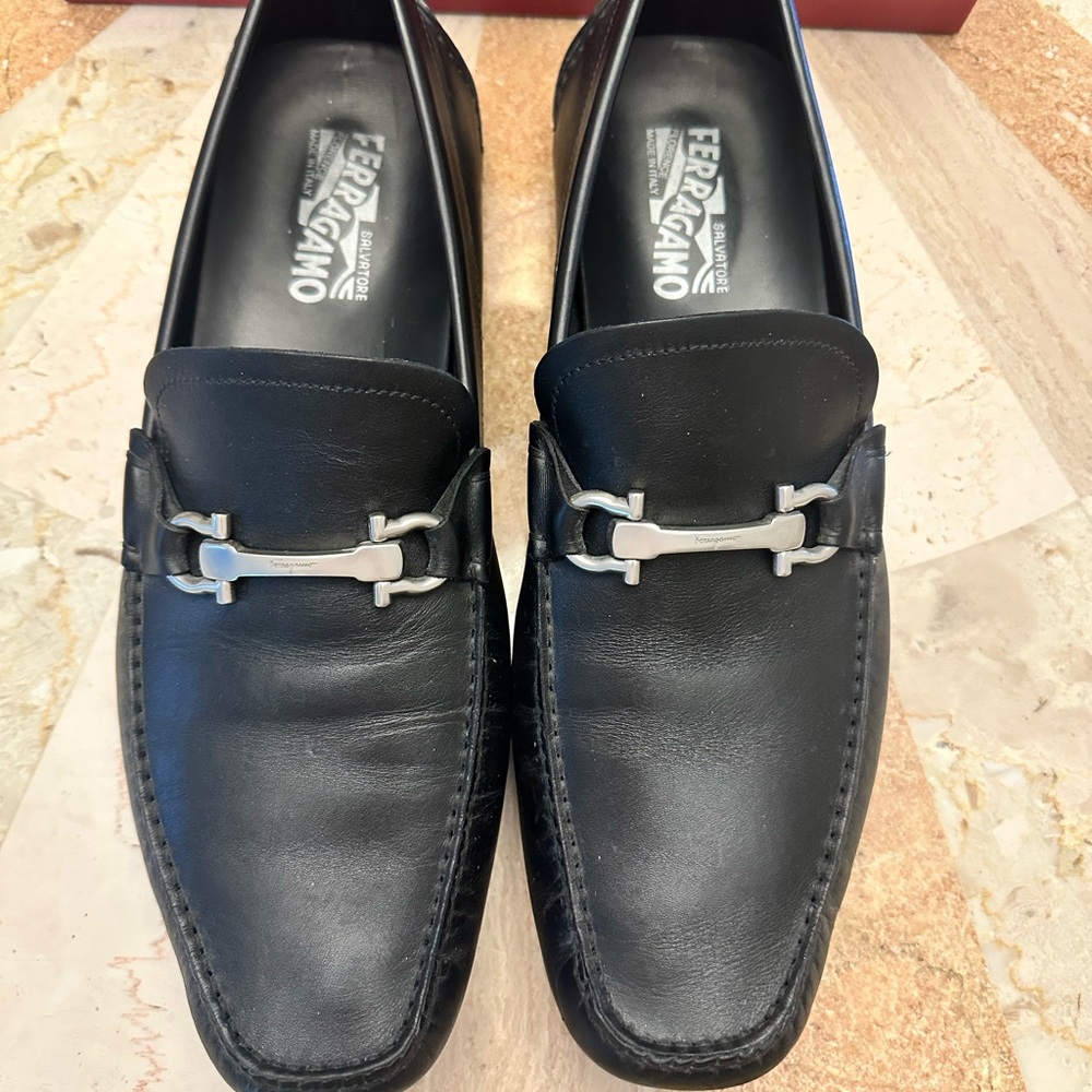 Salvatore Ferragamo Black Leather Loafers with Horsebit Detail